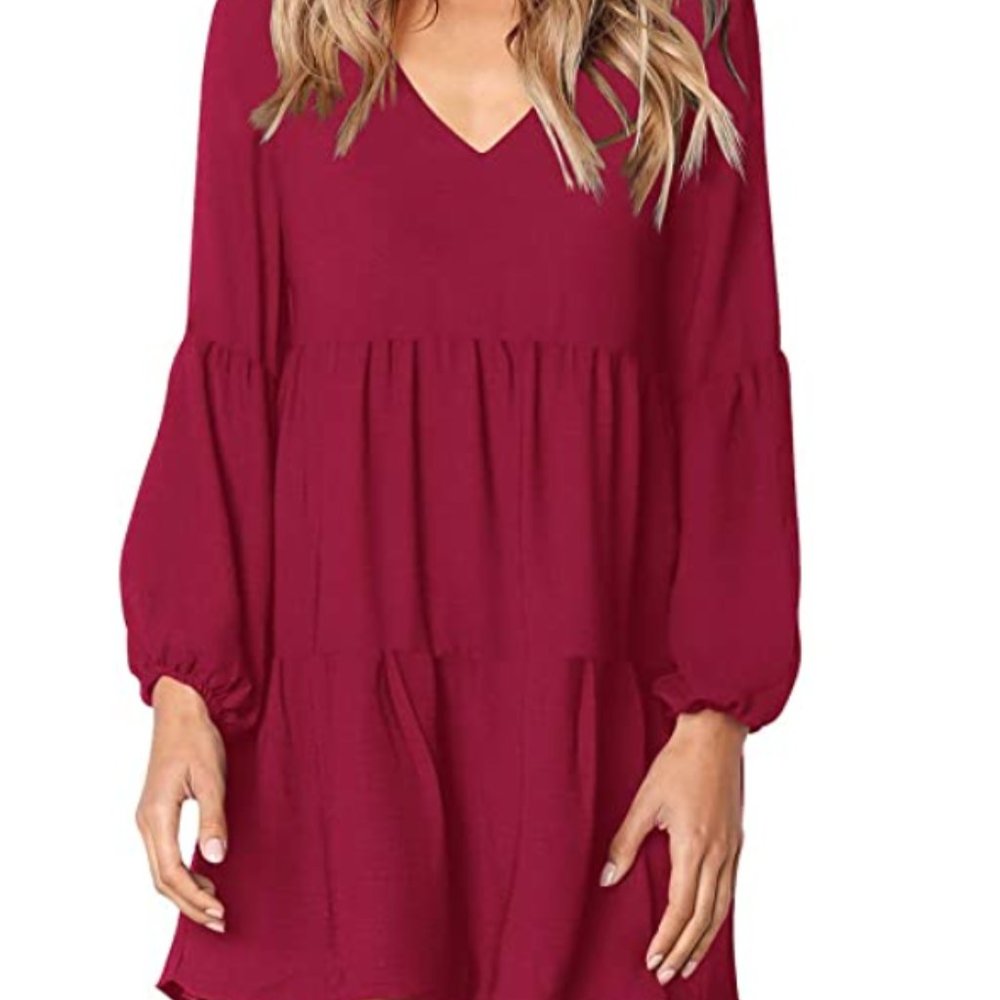 Cosonsen Womens Long Sleeve Tunic Dress M Burgundy